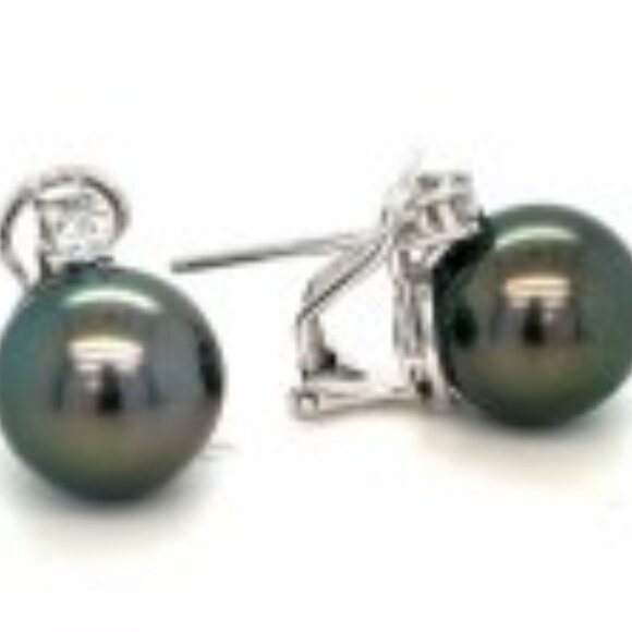 14k White Gold Black Pearl & Diamond Earrings - Picture 2 of 4